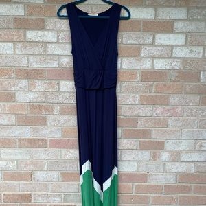 Navy maxi dress with white/green geometric inset